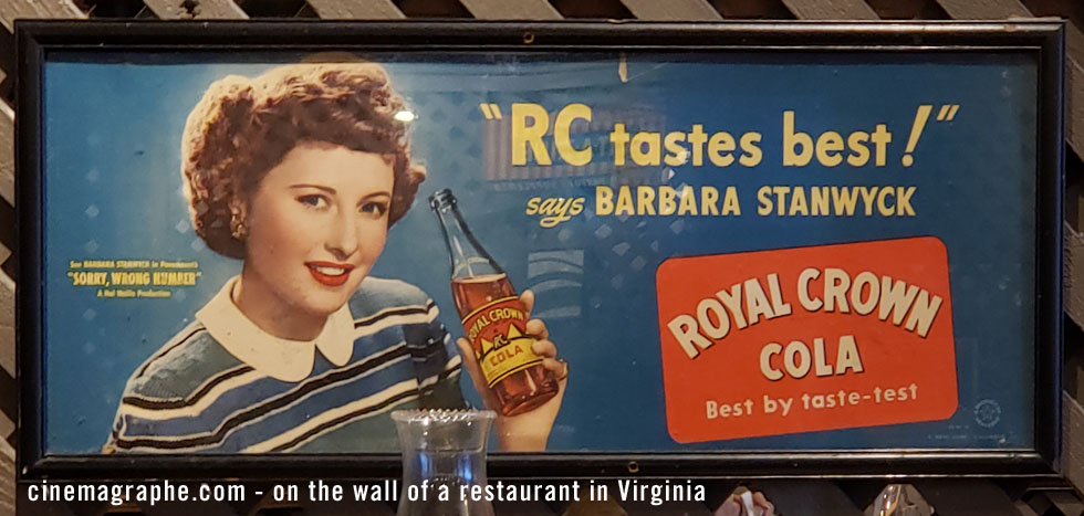 Barbara Stanwyck RC Cola advertisment on the wall of a restaurant in Virginia